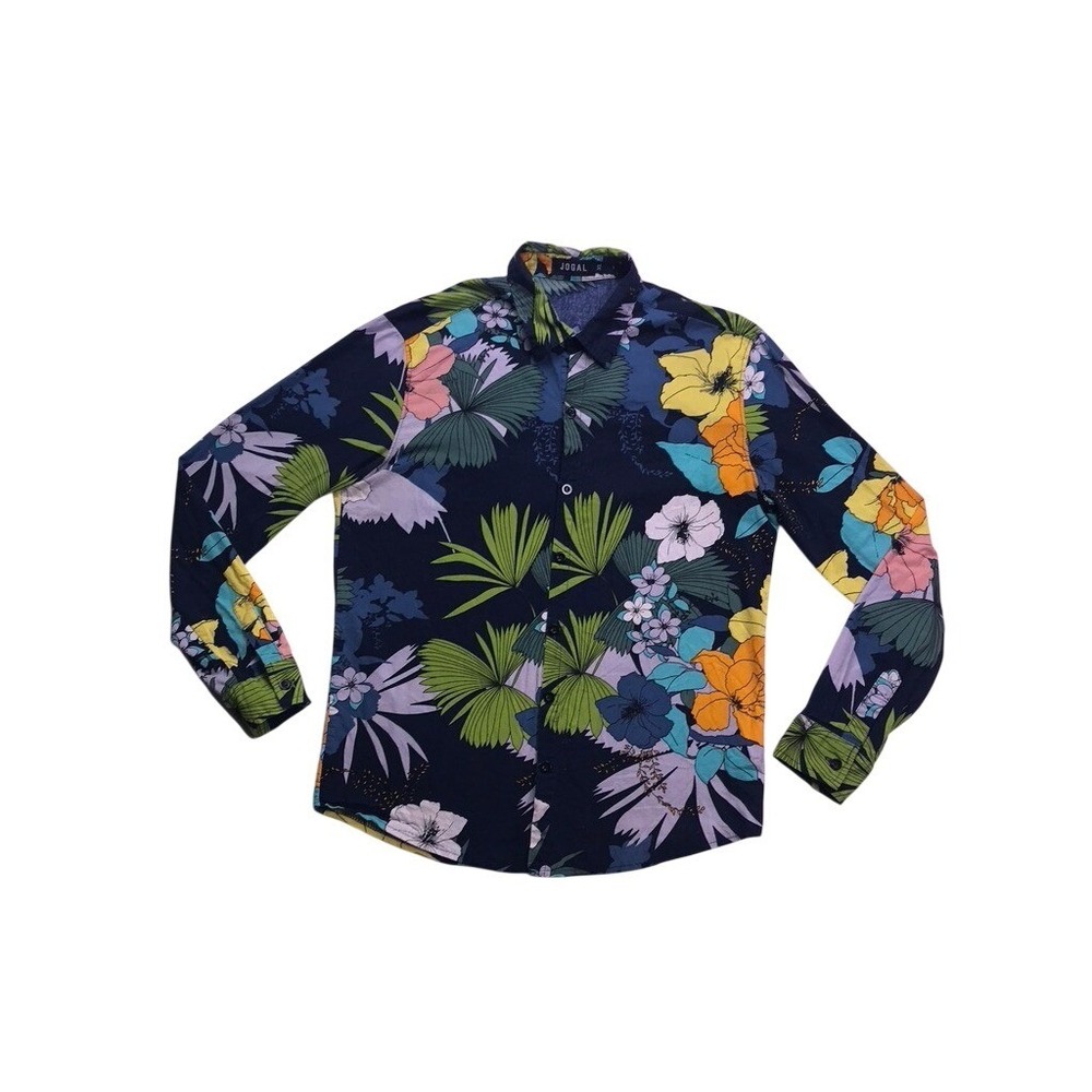 JOGAL Mens XL Tropical Floral Button Down Shirt Navy Blue Long Sleeve A327